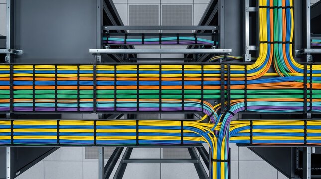 Highly organized server rack cabling system in modern data center facility, vibrant multicolored ethernet cables neatly bundled in horizontal rows, yellow blue green orange purple