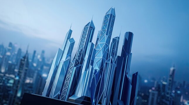 Futuristic cityscape with towering skyscrapers and a hazy atmospheric perspective