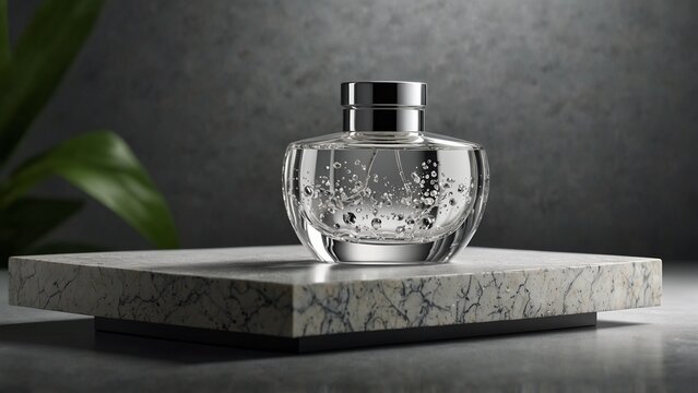 Artistic visualization of bottle of perfume sitting on top of marble block - Generative AI