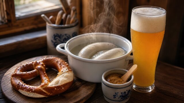 Weisswurst Breakfast with Steaming White Sausage in Pot, Pretzel, Sweet Mustard and Wheat Beer, Traditional Bavarian Morning Meal