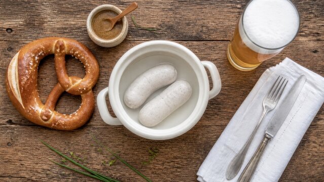 Weisswurst Breakfast Flat Lay with White Sausage in Pot, Pretzel, Sweet Mustard, Wheat Beer and Cutlery on Rustic Wooden Table