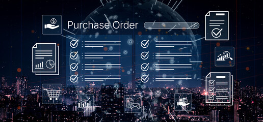 Fototapeta premium Digital Purchase Order Interface Over City Skyline with Graphs and Checklists for Modern Business Workflow Management and E-commerce Solutions. Bitwise.
