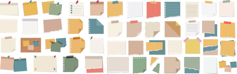 Mega collection of sticky notes and torn paper sheets vector illustration bundle featuring colorful memo pads ripped notebook pages push pins and adhesive tape © sumon20570