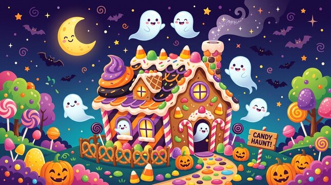 Cute Halloween illustration of friendly ghosts floating around a colorful gingerbread candy house under a starry night sky