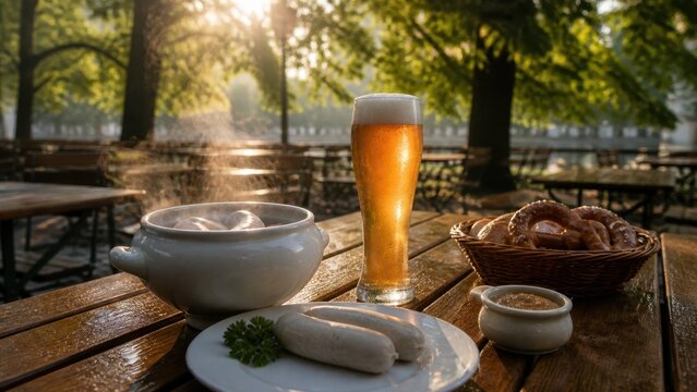 Weisswurst Breakfast at Munich Beer Garden with Wheat Beer, Pretzel Basket and Sweet Mustard at Sunrise, Traditional Bavarian Morning