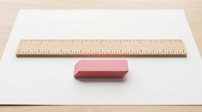 Wooden ruler and pink eraser on blank white paper
