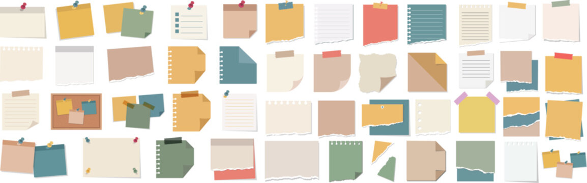 Mega collection of sticky notes and torn paper sheets vector illustration bundle featuring colorful memo pads ripped notebook pages push pins and adhesive tape