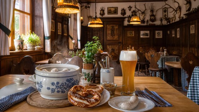 Weisswurst Breakfast in Traditional Bavarian Gasthaus with Blue White Pottery, Pretzel, Wheat Beer and Antler Decor, Authentic Munich