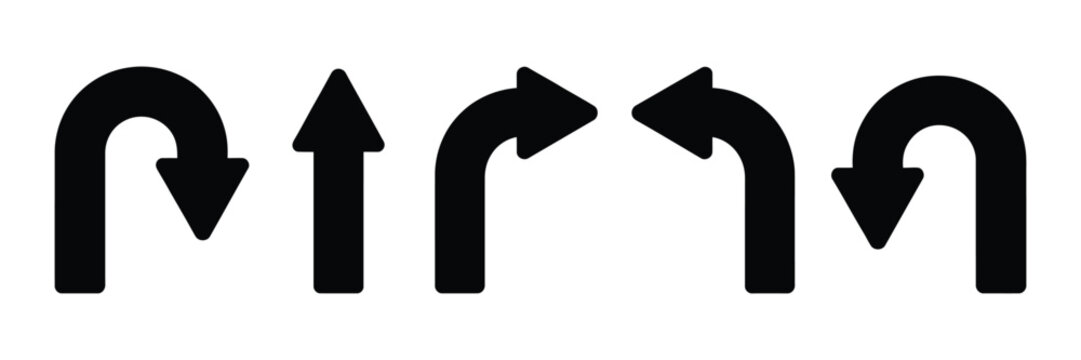 Traffic sign icon featuring directional arrows, right and left turn signs, and U turn symbols for road navigation and driving safety