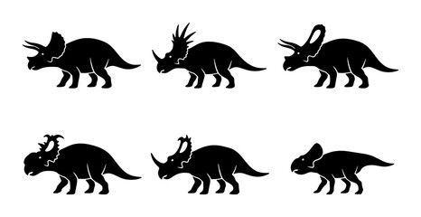 Fototapeta premium Triceratops Dinosaur Silhouettes, Prehistoric Reptile Icons, Ancient Creature Vector Graphics