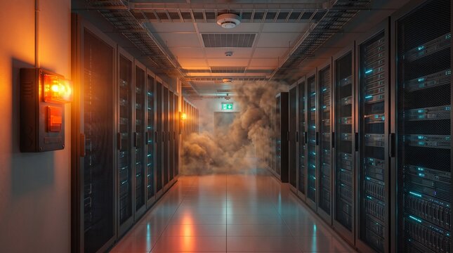 Data center security breach: Smoke filling server room hallway with flashing red alarm light for disaster recovery 