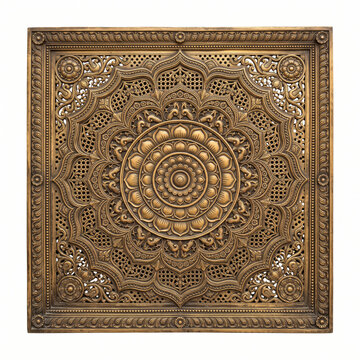 Square Carved Rosette Panel with Concentric Floral Relief and Intricate Radial Ornament