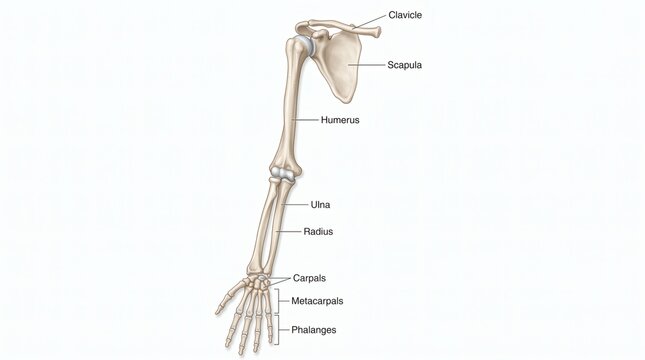 Anatomical illustration of the human arm skeleton with labels.