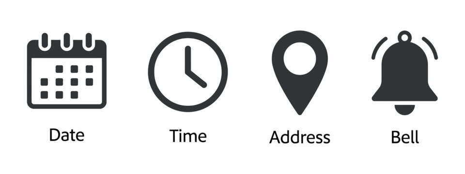 Four flat icons representing date time address and bell notification