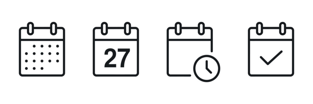 Four calendar icons depict dates time and task completion in line style