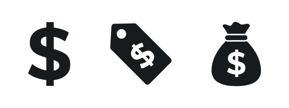 Dollar sign price tag with dollar and money bag silhouettes on a transparent setting