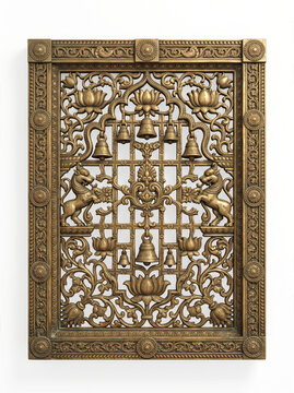 Tall Carved Ornamental Panel with Floral Vines, Hanging Bells, Animal Motifs, and Openwork