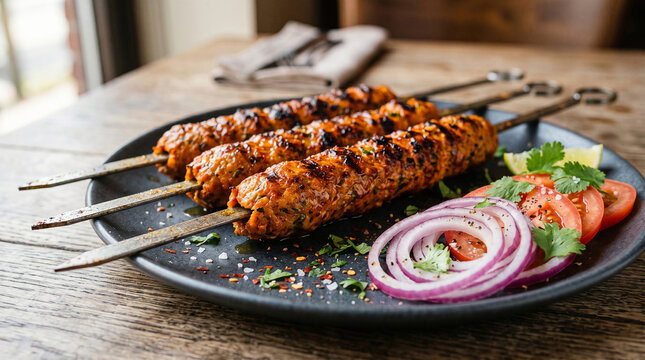 Grilled seekh kebabs on skewers served with fresh onion and tomato salad on a plate. Delicious grilled seekh kebabs served with fresh vegetables on a plate.