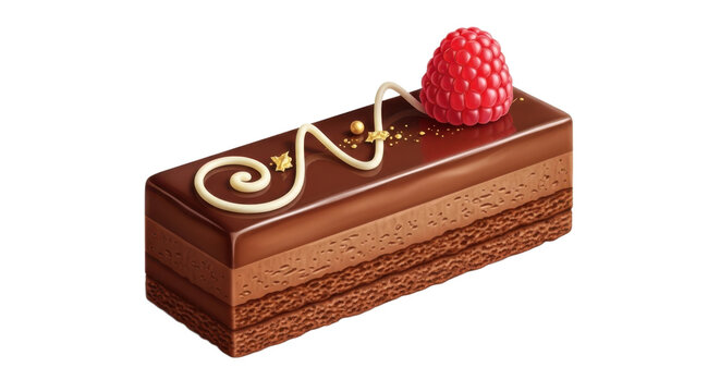 Luxurious chocolate mousse cake with raspberry garnish and white chocolate swirl