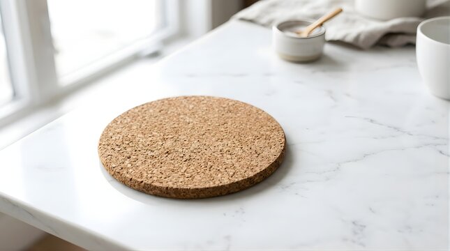 Round cork trivet on white marble kitchen countertop near window