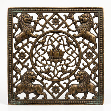 Square Carved Panel with Four Lions, Central Lotus Medallion, and Floral Lattice Openwork