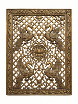 Tall Carved Panel with Four Peacock Figures, Central Lotus Medallion, and Floral Lattice