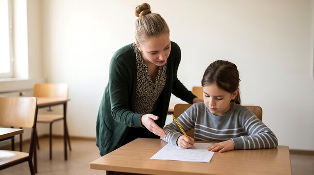 Female teacher assisting young student with writing exercise in classroom