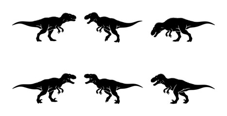 Obraz premium Six Black Dinosaur Silhouettes, Tyrannosaurus Rex Vector Icons, Prehistoric Creature Graphics