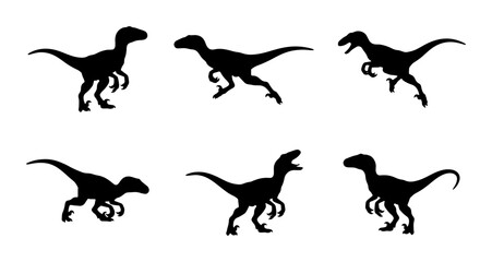 Obraz premium Dinosaur Silhouettes, Six Velociraptor Poses, Prehistoric Creature Vector Graphics