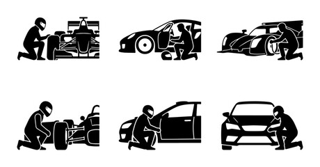 Naklejka premium Car Racing Pit Stop Icons, Automotive Service Vector Set, Motorsport Mechanics Action