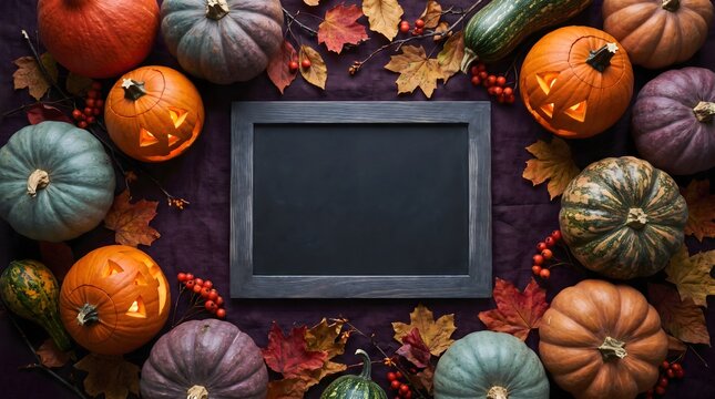 Assorted pumpkins autumn leaves and a chalkboard create a fall harvest scene
