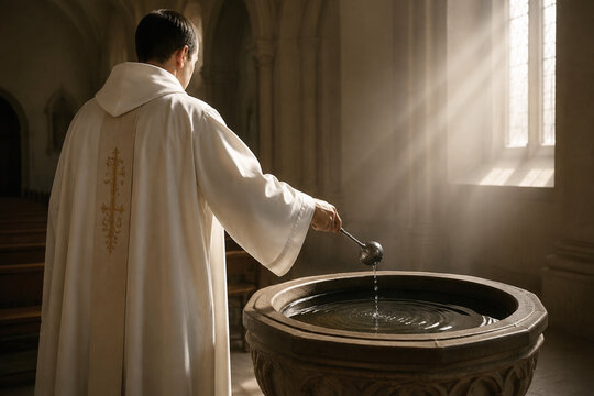 Priest in white robe blessing holy water at stone font, sanctifying ritual in empty church interior