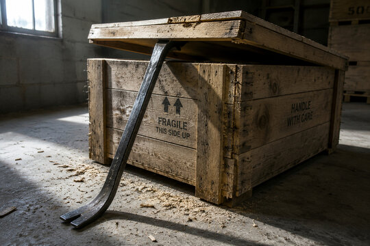 Steel pry bar opening wooden shipping crate lid, tools and construction concept