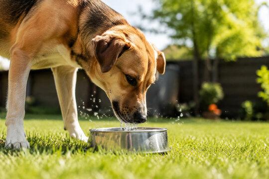 Dog drinking water from metal bowl in backyard, pet hydration and thirst