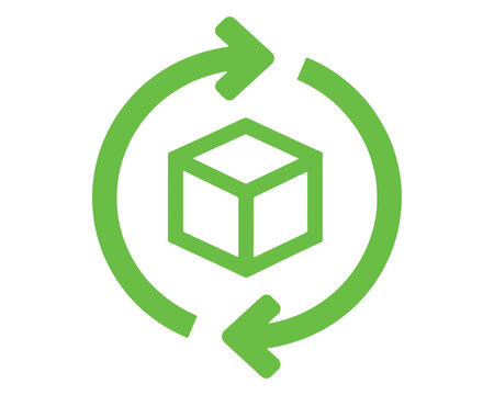  Green cube wireframe icon surrounded by circular rotating arrows with wireframe box 3D cube rotation graphic package sign object rotation geometric design vector green symbol