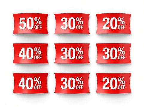 Set of Red Discount Tags with Percentage Off Text, 20 30 40 and 50 Percent Sale Labels Isolated on White Background