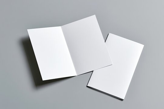 Two blank white folded booklets, one open, lie on a gray surface