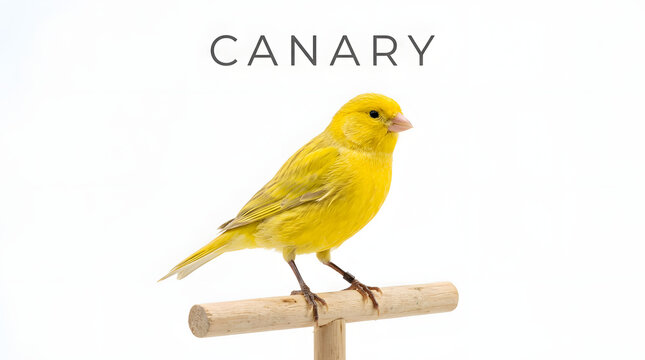 A vibrant yellow canary perched on a wooden stand, with the word CANARY displayed above