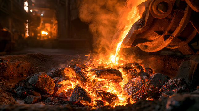 Molten Steel Flowing from Furnace in Industrial Interior with Dramatic Lighting and Fiery Glow