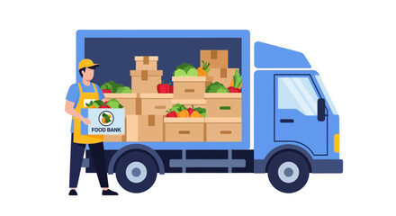 Fototapeta premium Food Bank Delivery Truck and Volunteer Holding a Box of Fresh Vegetables for Donation, Humanitarian Aid, and Social Support Concept Vector Illustration