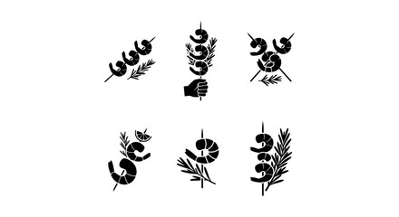 Fototapeta premium Shrimp Skewers Vector Icons, Seafood Grill Elements, Culinary Food Art, Black and White