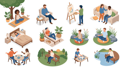 Fototapeta premium Relaxation and mindfulness activities showcasing diverse individuals in serene indoor and outdoor settings emphasizing