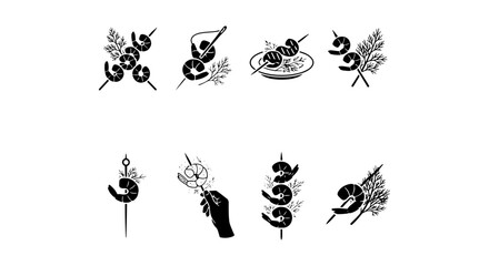 Fototapeta premium Shrimp Skewers Vector Icons, Seafood Appetizer Illustrations, Culinary Delicacy Graphics, Black and White Food Art