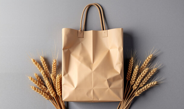 Kraft bag with wheat on grey for bakery packaging mockups