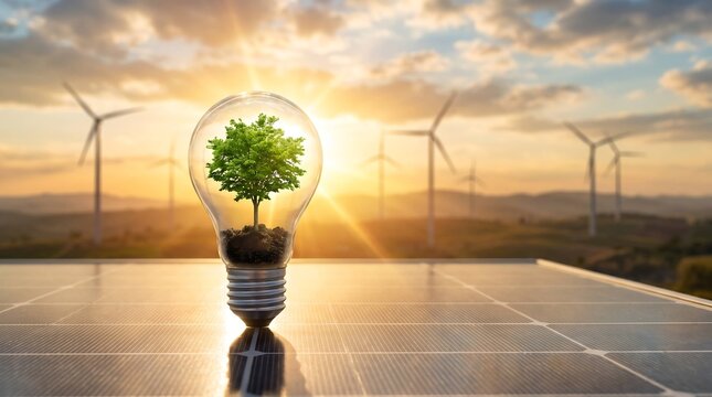 Small green tree growing inside a lightbulb on solar panel with wind turbines at sunset