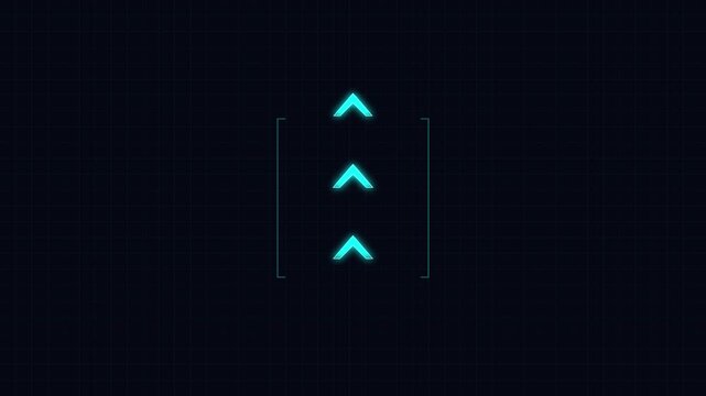 Dynamic swipe up. Glowing cyan HUD swipe up arrows on dark grid