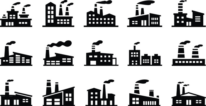  Industrial factory icon set featuring smoke stack manufacturing buildings plant facilities warehouse engineering and global production vector.