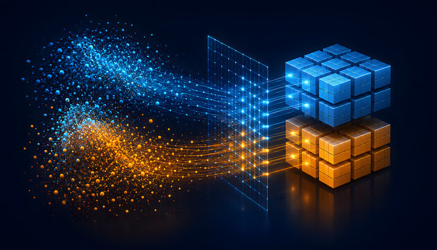 Blue and orange data particles transformed into organized classified cube groups