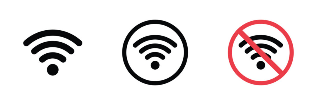 WiFi signal icon with forbidden symbol representing no internet access, disconnected network, connection failure, offline status, and warning