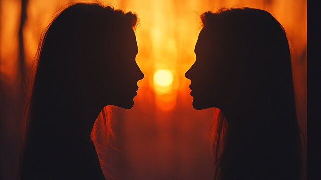 Two women silhouetted against a vibrant sunset.